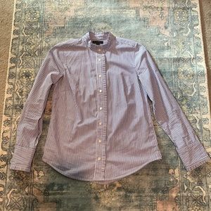 J.Crew Ruffle Collar Long Sleeve Blue and White Stripe Button Down Dress Shirt.